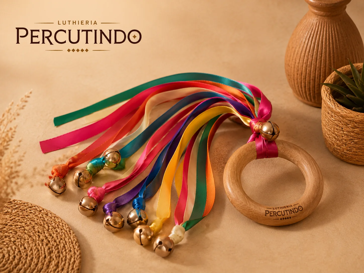 Guizos com fitas coloridas e marca Percutindo