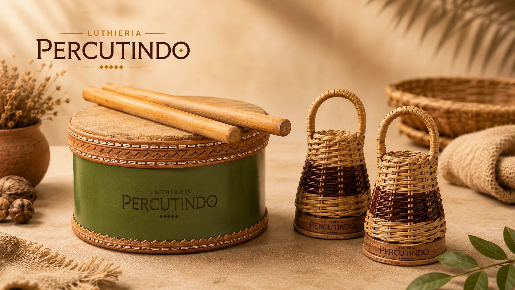 instrumentos artesanais em tons quentes